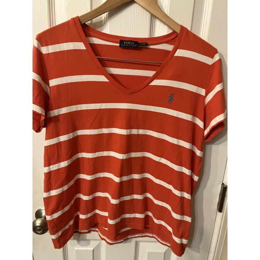 Womens RALPH LAUREN SPORT Shirt L Orange Striped Short Sleeve V-Neck Stretchy